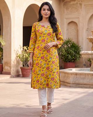Women's yellow rayon floral printed kurta | elegant ethnic wear kurti | trendy casual & festive wear for women 1