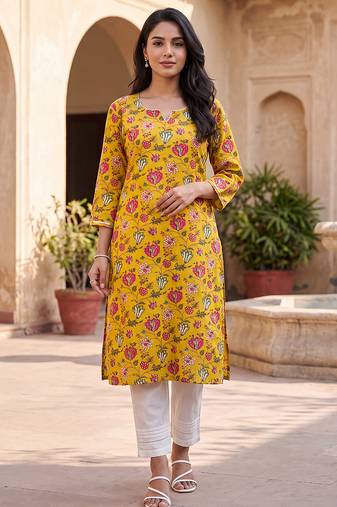 Women's yellow rayon floral printed kurta | elegant ethnic wear kurti | trendy casual & festive wear for women