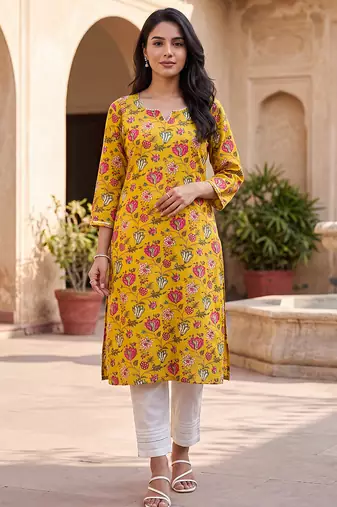 Women's yellow rayon floral printed kurta | elegant ethnic wear kurti | trendy casual & festive wear for women