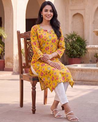 Women's yellow rayon floral printed kurta | elegant ethnic wear kurti | trendy casual & festive wear for women 2