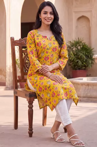 Women's yellow rayon floral printed kurta | elegant ethnic wear kurti | trendy casual & festive wear for women