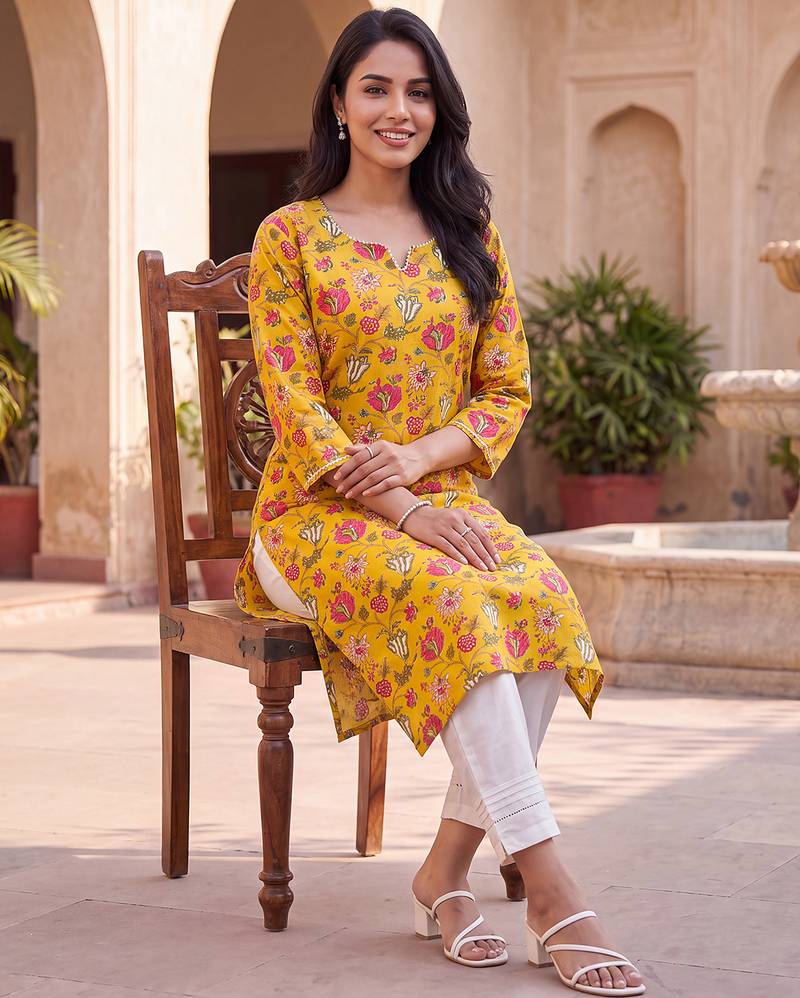 Women's yellow rayon floral printed kurta | elegant ethnic wear kurti | trendy casual & festive wear for women