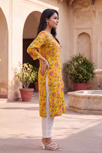 Women's yellow rayon floral printed kurta | elegant ethnic wear kurti | trendy casual & festive wear for women
