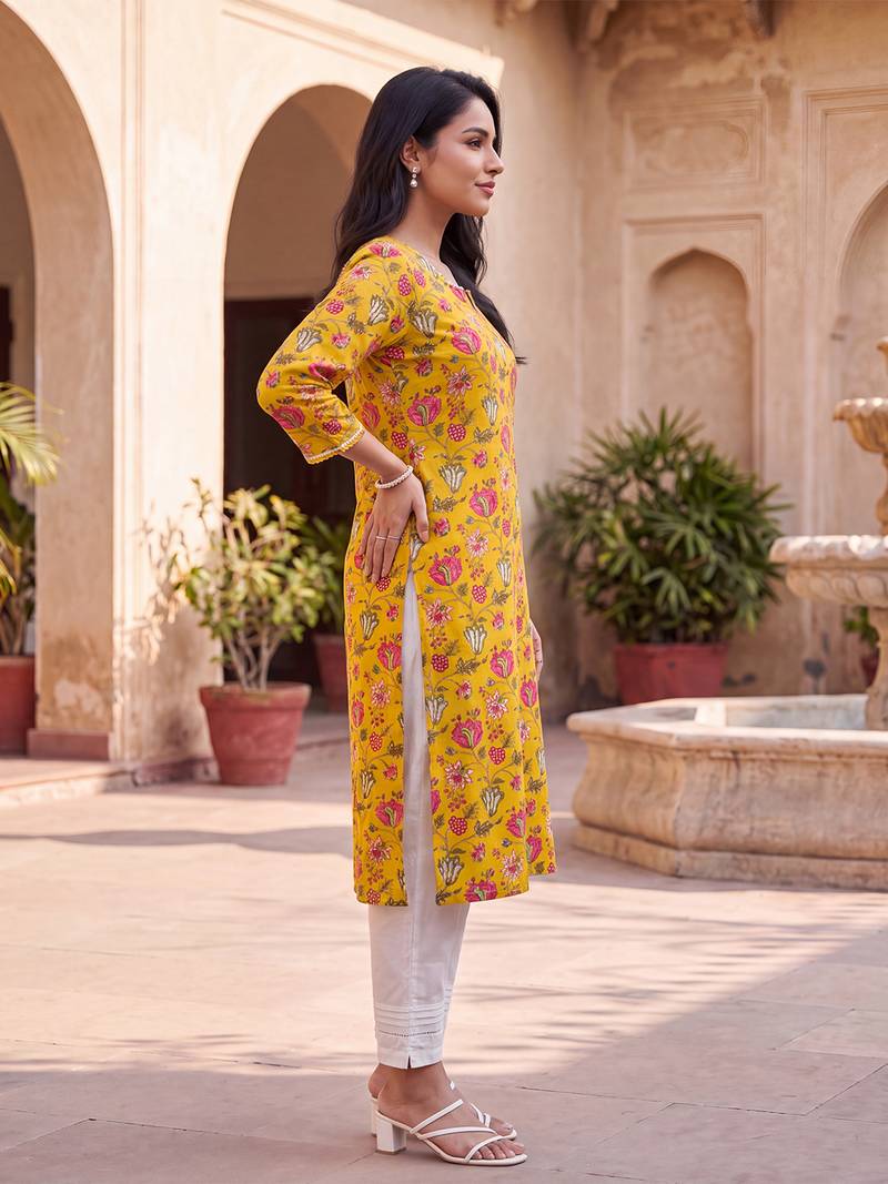 Women's yellow rayon floral printed kurta | elegant ethnic wear kurti | trendy casual & festive wear for women