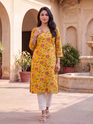 Women's yellow rayon floral printed kurta | elegant ethnic wear kurti | trendy casual & festive wear for women 4