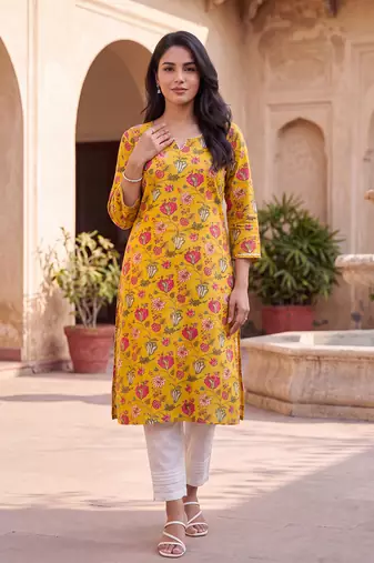 Women's yellow rayon floral printed kurta | elegant ethnic wear kurti | trendy casual & festive wear for women