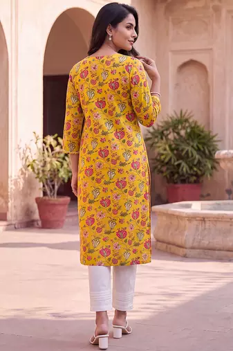 Women's yellow rayon floral printed kurta | elegant ethnic wear kurti | trendy casual & festive wear for women