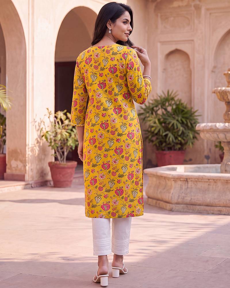 Women's yellow rayon floral printed kurta | elegant ethnic wear kurti | trendy casual & festive wear for women