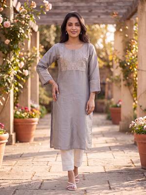 Women's grey silk blend solid embroidered kurta | elegant ethnic wear kurti | trendy casual & festive wear for women 1