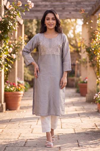 Women's grey silk blend solid embroidered kurta | elegant ethnic wear kurti | trendy casual & festive wear for women