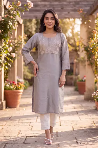 Women's grey silk blend solid embroidered kurta | elegant ethnic wear kurti | trendy casual & festive wear for women