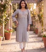 Women's grey silk blend solid embroidered kurta | elegant ethnic wear kurti | trendy casual & festive wear for women