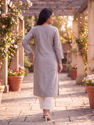 Women's grey silk blend solid embroidered kurta | elegant ethnic wear kurti | trendy casual & festive wear for women 2