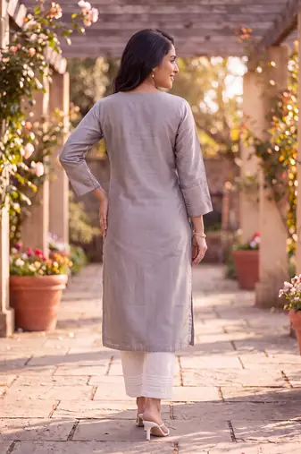 Women's grey silk blend solid embroidered kurta | elegant ethnic wear kurti | trendy casual & festive wear for women