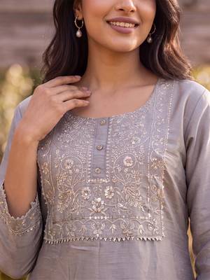 Women's grey silk blend solid embroidered kurta | elegant ethnic wear kurti | trendy casual & festive wear for women 3