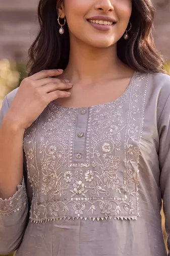 Women's grey silk blend solid embroidered kurta | elegant ethnic wear kurti | trendy casual & festive wear for women