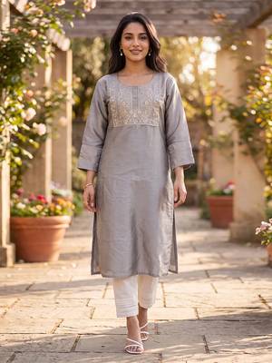 Women's grey silk blend solid embroidered kurta | elegant ethnic wear kurti | trendy casual & festive wear for women 4