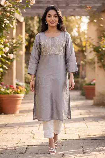 Women's grey silk blend solid embroidered kurta | elegant ethnic wear kurti | trendy casual & festive wear for women