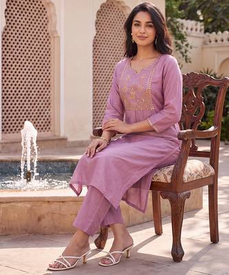 Women's purple silk blend solid embroidered kurta and trouser set | trendy ethnic wear for women 2