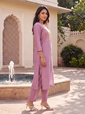Women's purple silk blend solid embroidered kurta and trouser set | trendy ethnic wear for women 3