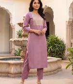 Women's mauve silk blend solid embroidered kurta and trouser set | trendy ethnic wear for women