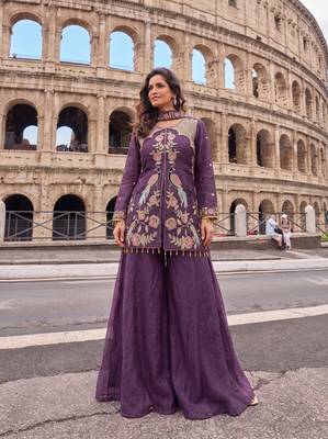 Lavender embroidery sequnce work heavy crunchy silk fabric readymade sharara salwar suit collection 1