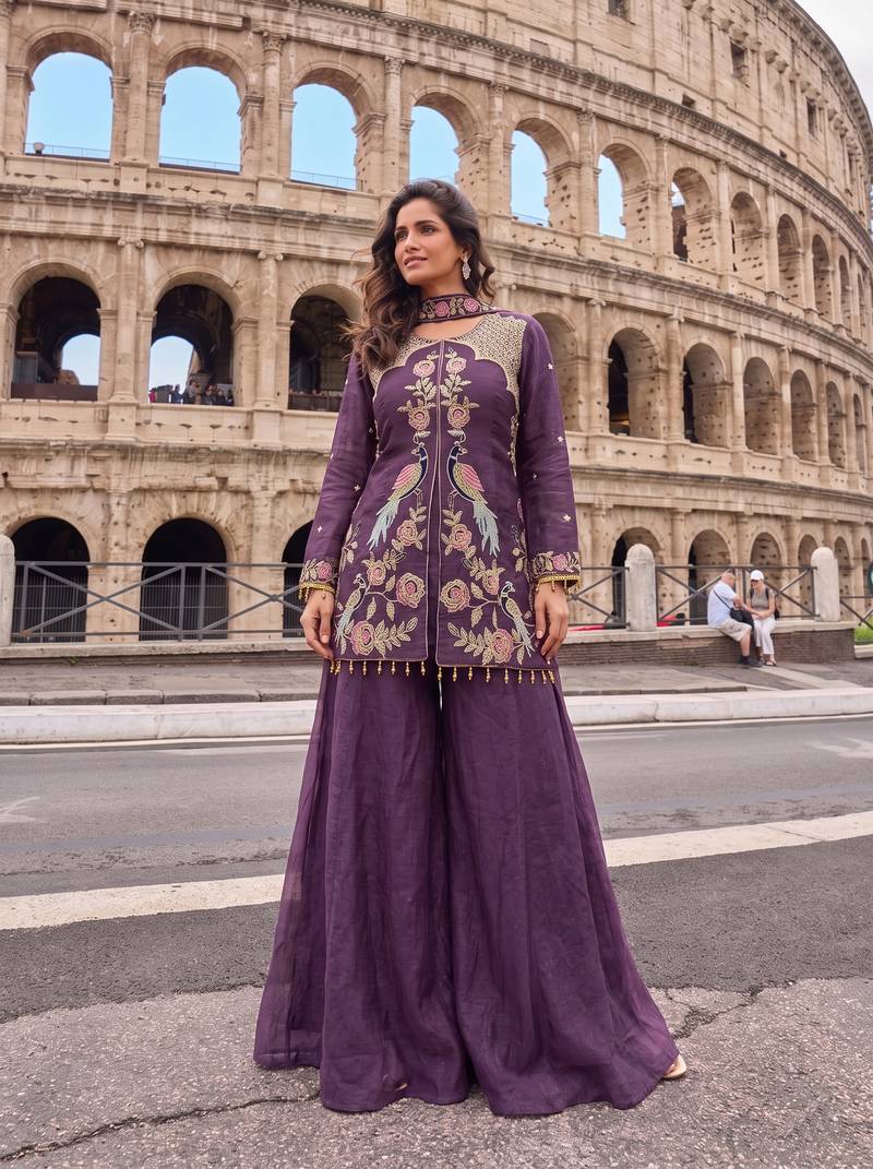Lavender embroidery sequnce work heavy crunchy silk fabric readymade sharara salwar suit collection