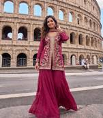 Rani pink embroidery sequnce work heavy crunchy silk fabric readymade sharara salwar suit collection