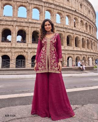 Rani pink embroidery sequnce work heavy crunchy silk fabric readymade sharara salwar suit collection 3