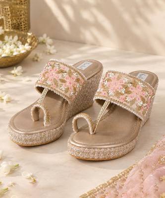Peach velvet kolhapuri heels 1