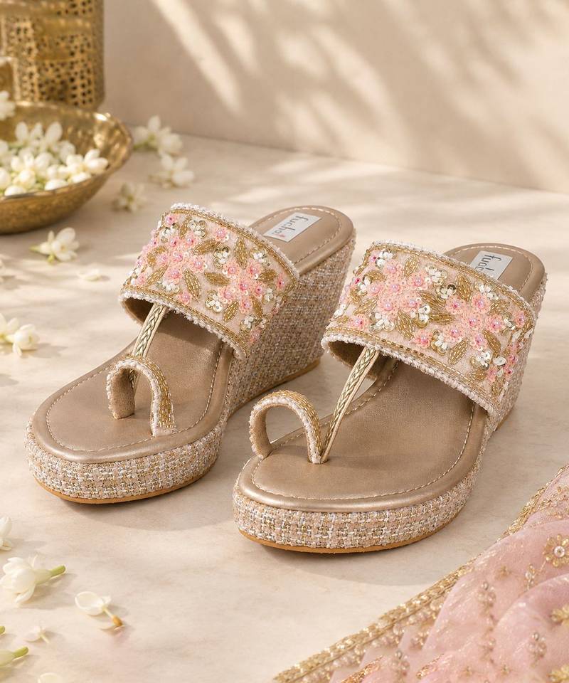 Peach velvet kolhapuri heels