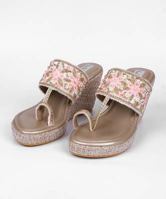 Peach velvet kolhapuri heels 2