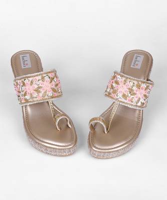 Peach velvet kolhapuri heels 5