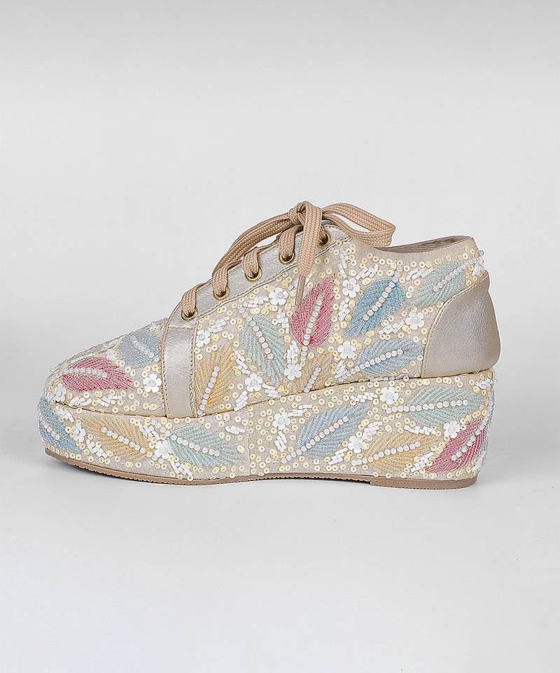 Yellow synthetic embroidered casual shoes