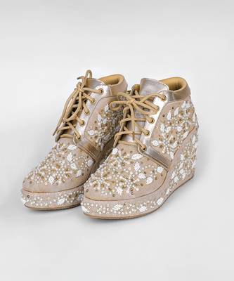 Gold synthetic embroidered casual shoes 1