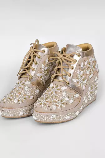Gold synthetic embroidered casual shoes