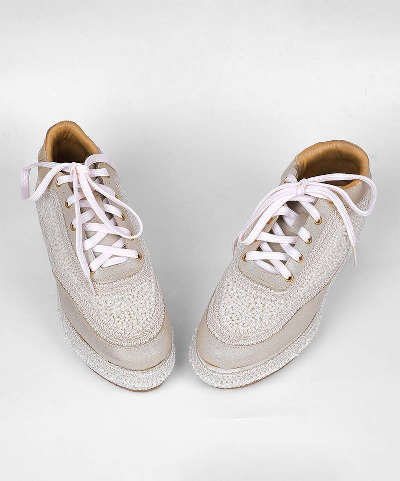 White synthetic beaded casual shoes