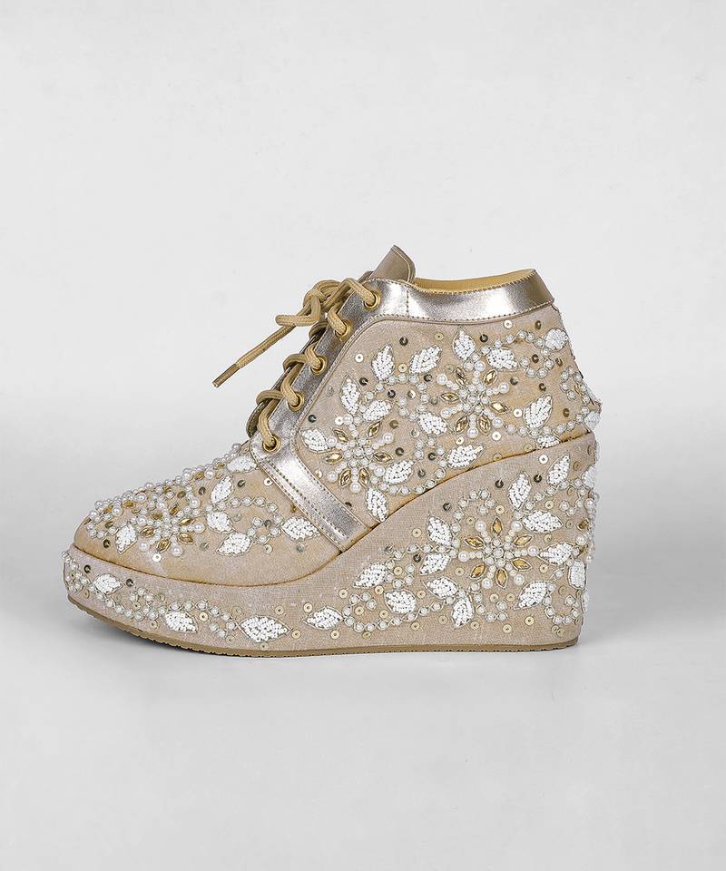 Gold synthetic embroidered casual shoes
