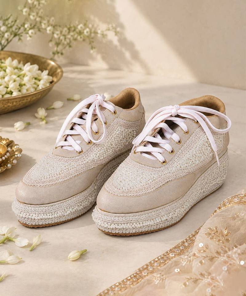 White synthetic beaded casual shoes