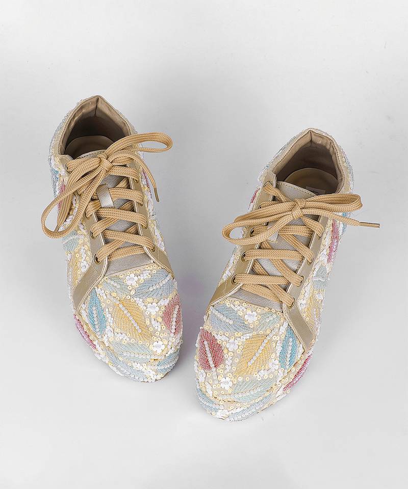 Yellow synthetic embroidered casual shoes