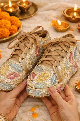 Yellow synthetic embroidered casual shoes
