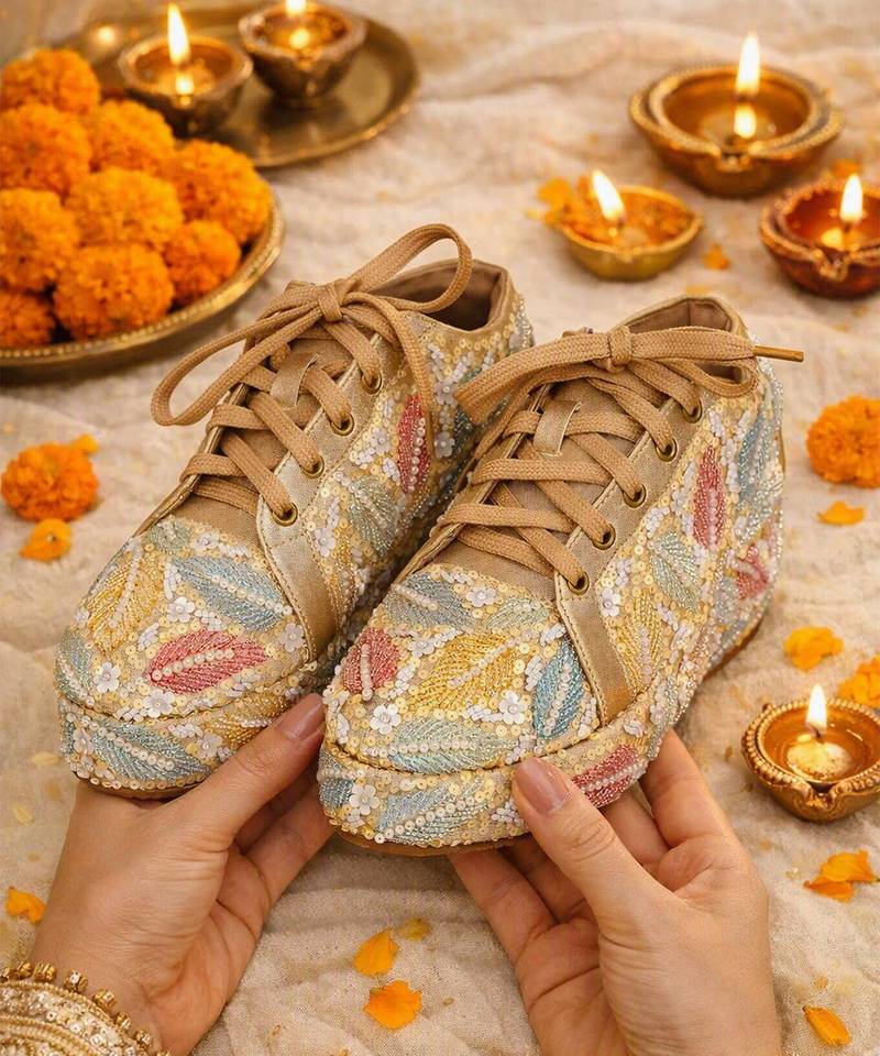 Yellow synthetic embroidered casual shoes