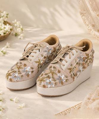 Gold synthetic embroidered casual shoes 1