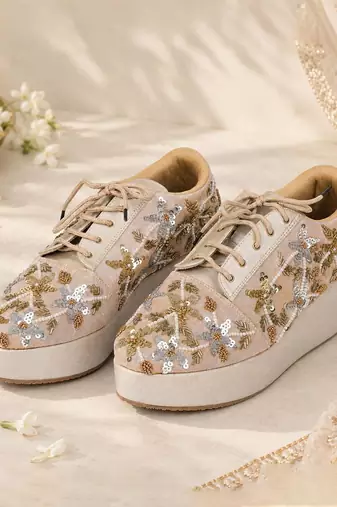 Gold synthetic embroidered casual shoes
