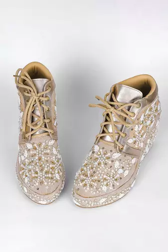 Gold synthetic embroidered casual shoes