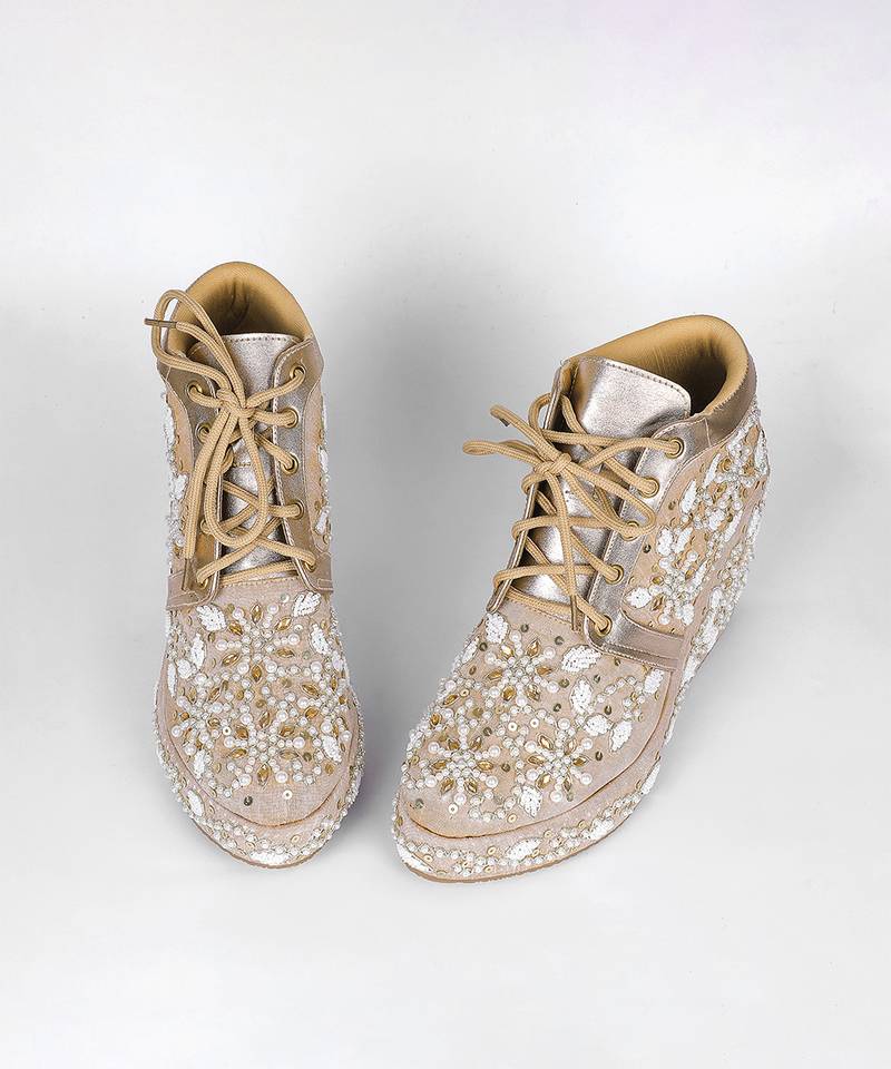 Gold synthetic embroidered casual shoes