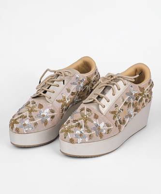 Gold synthetic embroidered casual shoes 2