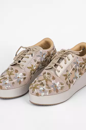 Gold synthetic embroidered casual shoes