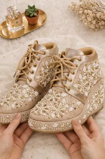 Gold synthetic embroidered casual shoes
