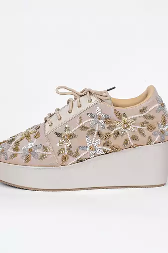 Gold synthetic embroidered casual shoes